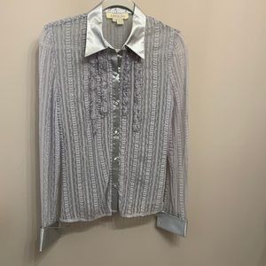 Adolfo Ladies First Vintage Embroidered Silver Gray Long Sleeve Satin Blouse M